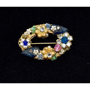 Miriam Haskell 1920's Whimsical Mix-Media Glass, Filigree Brooch Signed